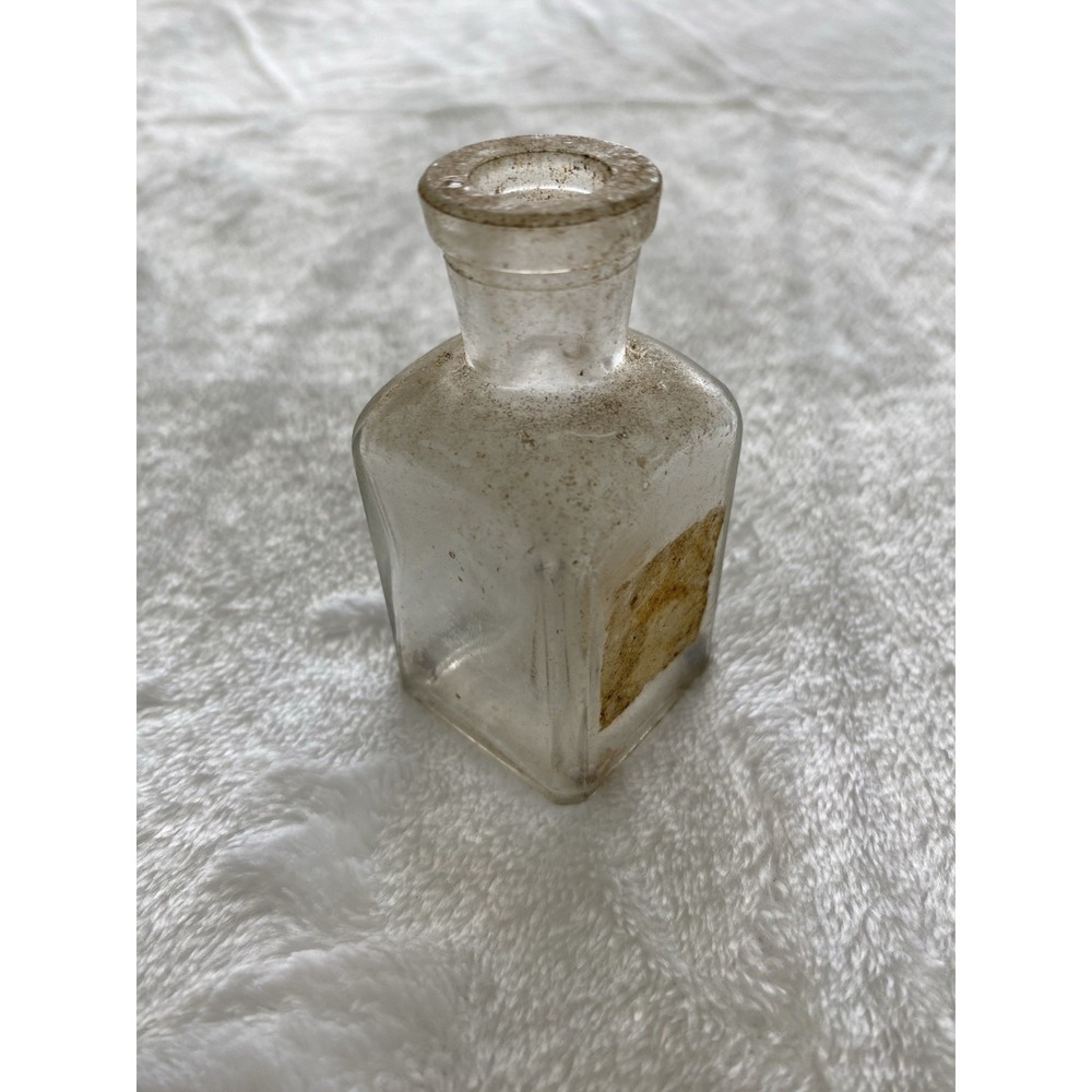 Antique Clear Glass Bottle Square Apothecary Medicine Vial Tooled Cork Lip Label